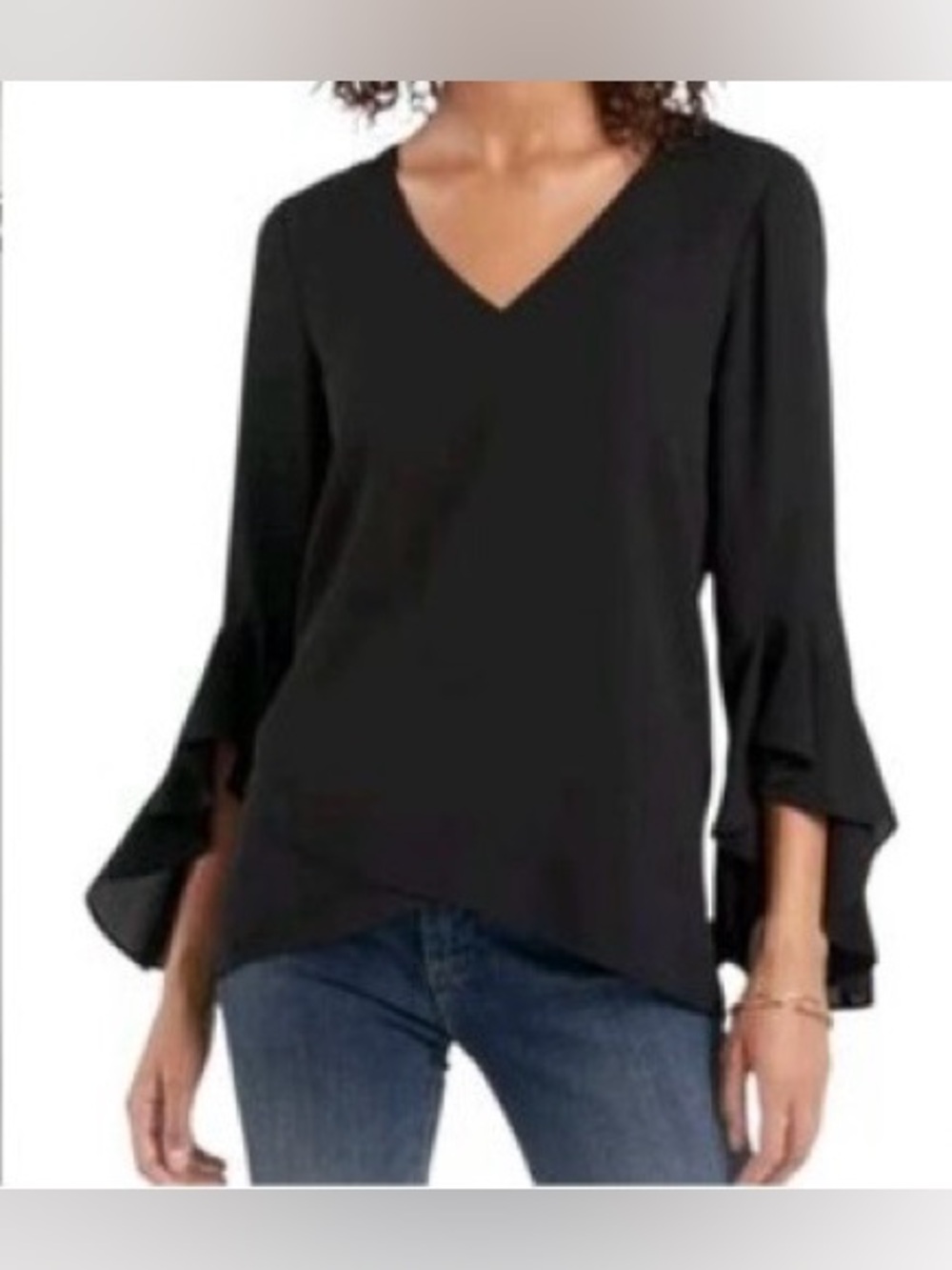 Vince Camuto Black V-Neck Blouse with Layered Ruffle Sleeves Sz Med Polyester